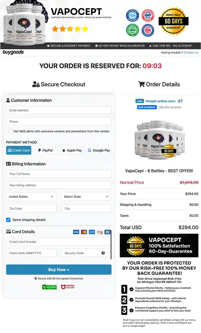 VapoCept 6 bottle best value supply &mdash; 180-day memory restoration protocol with 60-day guarantee and 5 free digital bonuses
