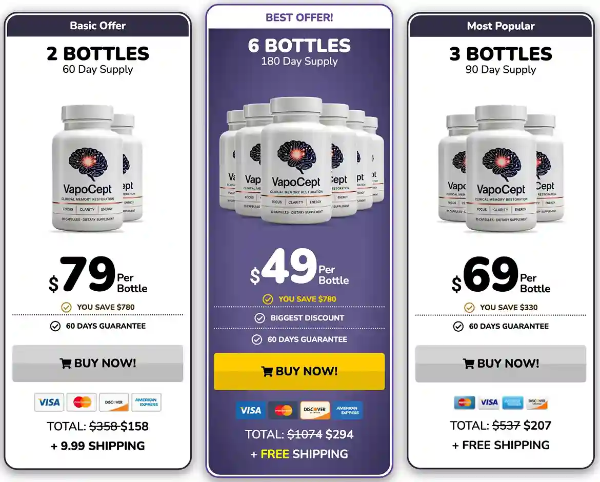 VapoCept pricing options &mdash; 2 bottles $79, 3 bottles $69, 6 bottles $49 with 60-day guarantee and free US shipping